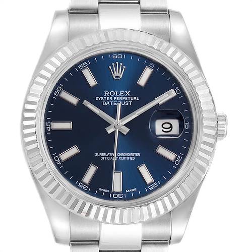This image shows a front view of the Rolex Datejust 41 116334 Men's Stainless Steel Blue Dial 116334 Men's Stainless Steel Blue Dial watch, highlighting its blue dial, fluted bezel, and date display.