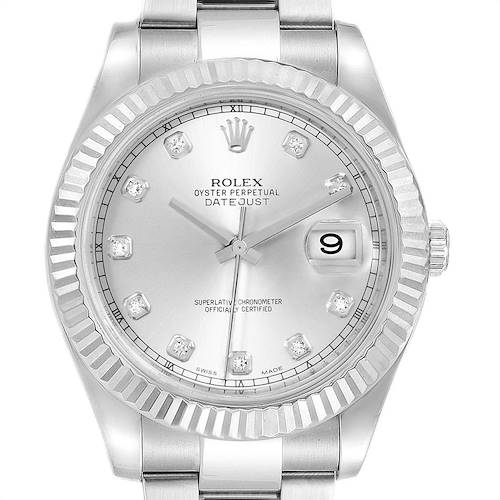 The Rolex Datejust 41 116334 Men's Stainless Steel Silver Dial 116334 Men's Stainless Steel Silver Dial watch is shown from a front angle, displaying its dial, bezel, crown, and part of the bracelet.