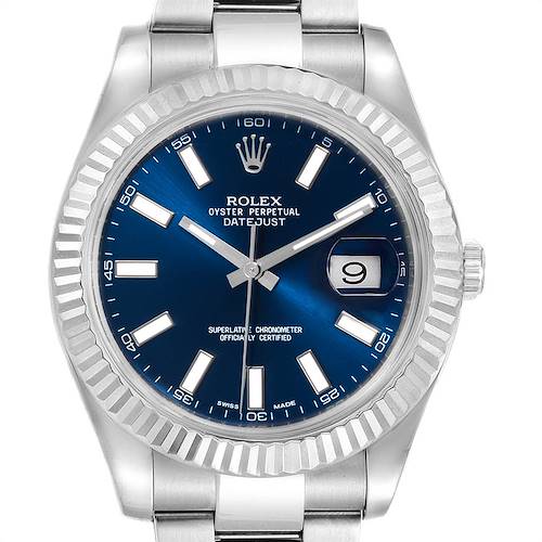 The image shows a front view of a Rolex Datejust 41 116334 Men's Stainless Steel Blue Dial 116334 Men's Stainless Steel Blue Dial watch, highlighting its blue dial, fluted bezel, and Oyster bracelet.