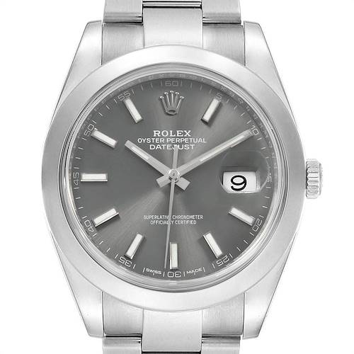 The image shows the front view of a Rolex Datejust 41 126300 Men's Stainless Steel Grey Dial 126300 Men's Stainless Steel Grey Dial watch, including the dial, hands, case, bezel, and part of the bracelet.