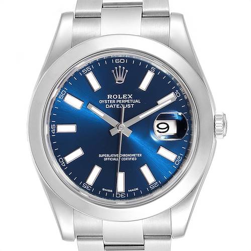 This Rolex Datejust 41 116300 Men's Stainless Steel Blue Dial 116300 Men's Stainless Steel Blue Dial watch is shown from the front, highlighting its blue dial, silver markers, and date window.