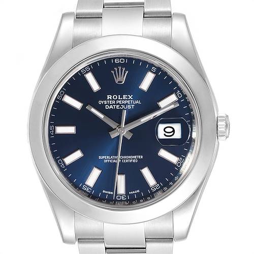 This image shows a close-up front angle of the Rolex Datejust 41 116300 Men's Stainless Steel Blue Dial 116300 Men's Stainless Steel Blue Dial watch.