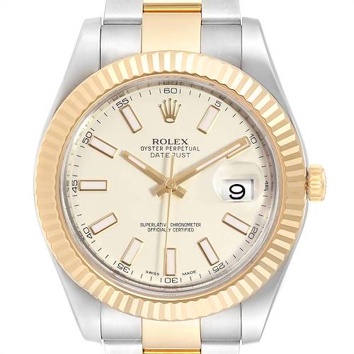 The image shows a frontal view of the Rolex Datejust 41 116333 Men's Steel and Gold (two tone) Silver Dial 116333 Men's Steel and Gold (two tone) Silver Dial model, highlighting its bezel, dial, and crown.