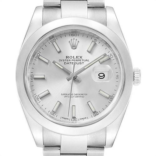 This image shows the Rolex Datejust 41 126300 Men's Stainless Steel Silver Dial 126300 Men's Stainless Steel Silver Dial model watch front view, highlighting its silver dial, date window, and metal bracelet.