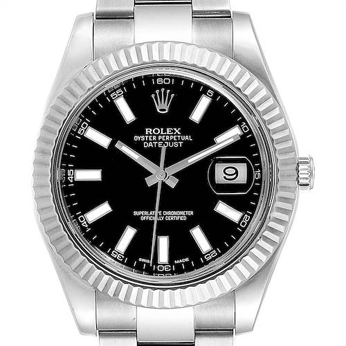 This Rolex Datejust 41 116334 Men's Stainless Steel Black Dial 116334 Men's Stainless Steel Black Dial is shown from a front angle, featuring its black dial, date window, and fluted bezel.