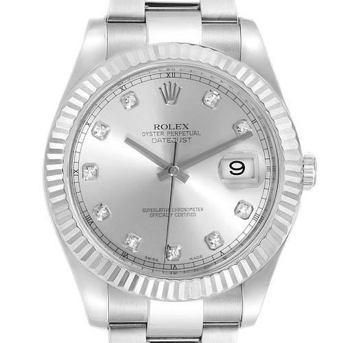 The image shows a front view of a Rolex Datejust 41 116334 Men's Stainless Steel Silver Dial 116334 Men's Stainless Steel Silver Dial watch, highlighting its dial, bezel, and bracelet.