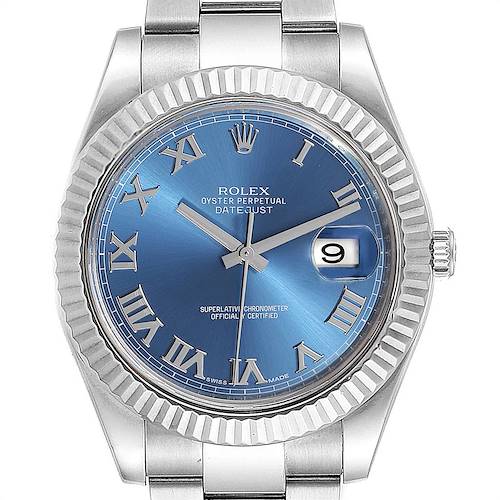 The image shows a Rolex Datejust 41 116334 Men's Stainless Steel Blue Dial 116334 Men's Stainless Steel Blue Dial model from the front, highlighting its blue dial, Roman numerals, and fluted bezel.