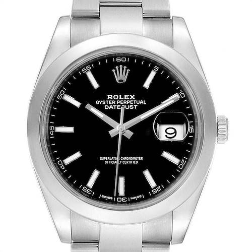 This is a front-facing view of the Rolex Datejust 41 126300 Men's Stainless Steel Black Dial 126300 Men's Stainless Steel Black Dial watch, showing the dial, bezel, bracelet, and date window.