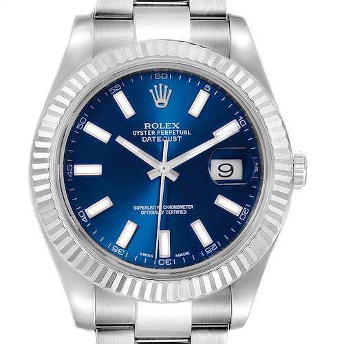 The image shows a front view of a Rolex Datejust 41 116334 Men's Stainless Steel White Dial 116334 Men's Stainless Steel White Dial with a blue dial, silver hour markers, and a fluted bezel.