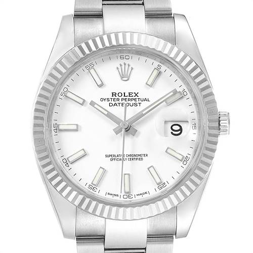 This image shows a front view of the Rolex Datejust 41 126334 Men's Stainless Steel White Dial 126334 Men's Stainless Steel White Dial watch, highlighting its dial, hands, bezel, and part of the bracelet.