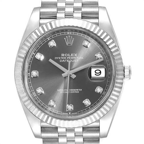The image shows a front view of a Rolex Datejust 41 126334 Men's Stainless Steel Grey Dial 126334 Men's Stainless Steel Grey Dial watch, focusing on the dial, bezel, and part of the bracelet.