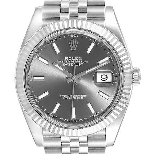 The image shows a front view of the Rolex Datejust 41 126334 Men's Stainless Steel Grey Dial 126334 Men's Stainless Steel Grey Dial watch, highlighting its silver dial, fluted bezel, and Jubilee bracelet.