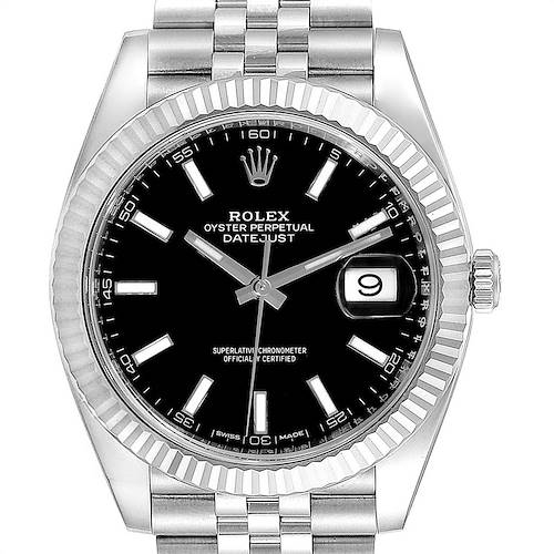 The image shows a frontal view of a Rolex Datejust 41 126334 Men's Stainless Steel Black Dial 126334 Men's Stainless Steel Black Dial watch, highlighting its black dial, fluted bezel, and Oyster bracelet.