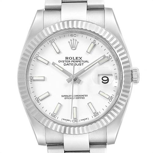 This image shows a front view of the Rolex Datejust 41 126300 Men's Stainless Steel White Dial 126300 Men's Stainless Steel White Dial watch, highlighting its dial, bezel, case, and part of the bracelet.