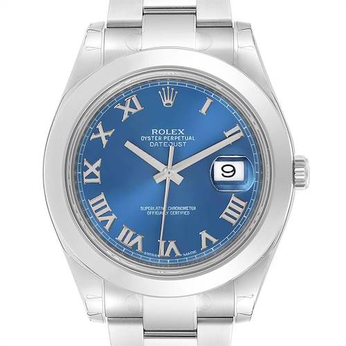 The image shows a front view of the Rolex Datejust 41 116300 Men's Stainless Steel Blue Dial 116300 Men's Stainless Steel Blue Dial, highlighting the blue dial, Roman numerals, and date window.