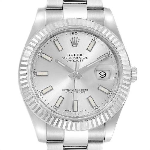 The image shows a frontal view of a Rolex Datejust 41 116334 Men's Stainless Steel Silver Dial 116334 Men's Stainless Steel Silver Dial watch, highlighting the dial, bezel, and bracelet.
