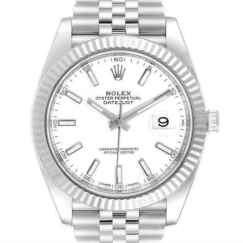 The image shows a front view of the Rolex Datejust 41 126334 Men's Stainless Steel White Dial 126334 Men's Stainless Steel White Dial watch, highlighting its dial, hands, date window, and fluted bezel.