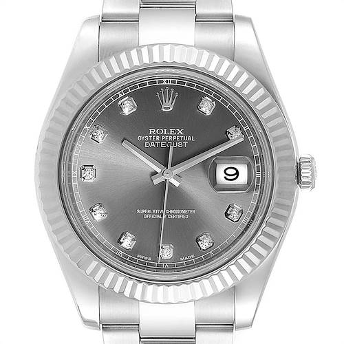 This image shows a front view of the Rolex Datejust 41 116334 Men's Stainless Steel Silver Dial 116334 Men's Stainless Steel Silver Dial watch, detailing its face, markers, bezel, and date window.