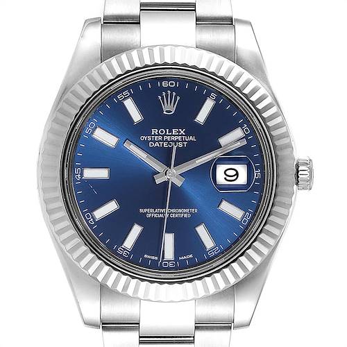 The image shows a Rolex Datejust 41 116334 Men's Stainless Steel Blue Dial 116334 Men's Stainless Steel Blue Dial watch from a front angle, highlighting its blue dial, fluted bezel, and bracelet.