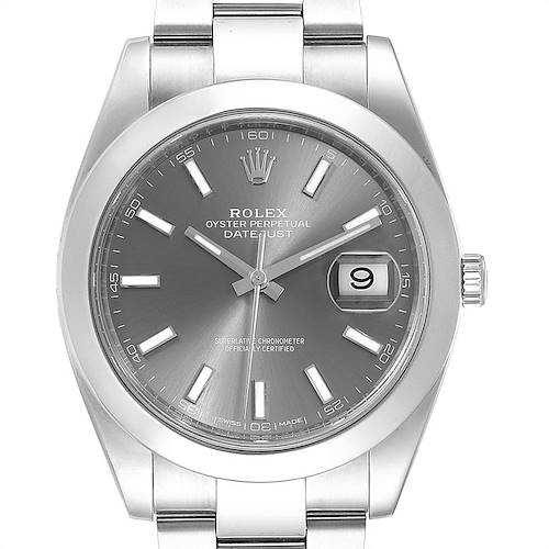 The image shows a front view of the Rolex Datejust 41 126300 Men's Stainless Steel Grey Dial 126300 Men's Stainless Steel Grey Dial watch, displaying its dial, hands, date window, and part of the bracelet.