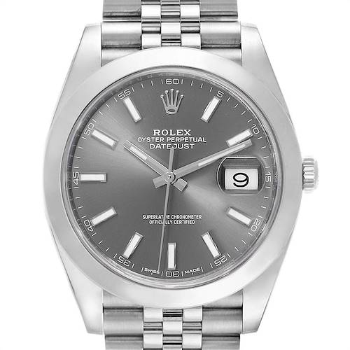The Rolex Datejust 41 126300 Men's Stainless Steel Grey Dial 126300 Men's Stainless Steel Grey Dial watch is shown from a front angle, displaying the dial, hands, date window, and part of the bracelet.