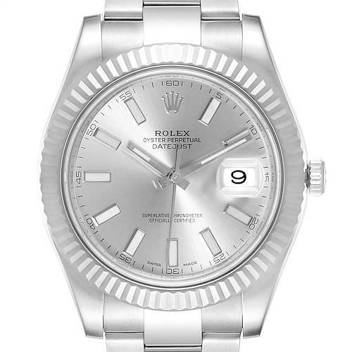 This image shows a front view of the Rolex Datejust 41 116334 Men's Stainless Steel Silver Dial 116334 Men's Stainless Steel Silver Dial watch, highlighting the dial, bezel, and bracelet.