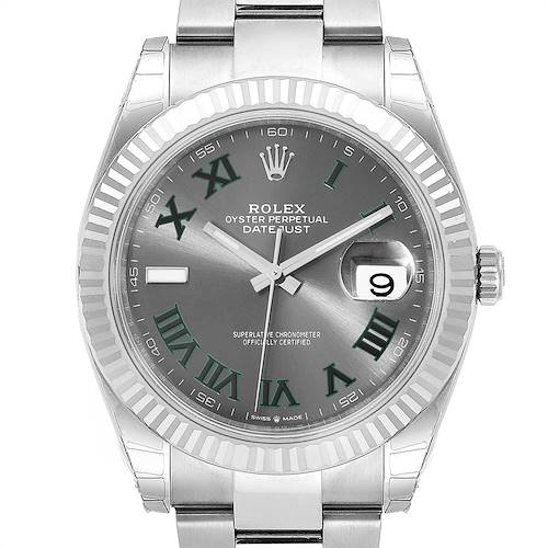 The image shows a front view of the Rolex Datejust 41 126300 Men's Stainless Steel Grey Dial 126300 Men's Stainless Steel Grey Dial watch, featuring its gray dial, fluted bezel, and bracelet.