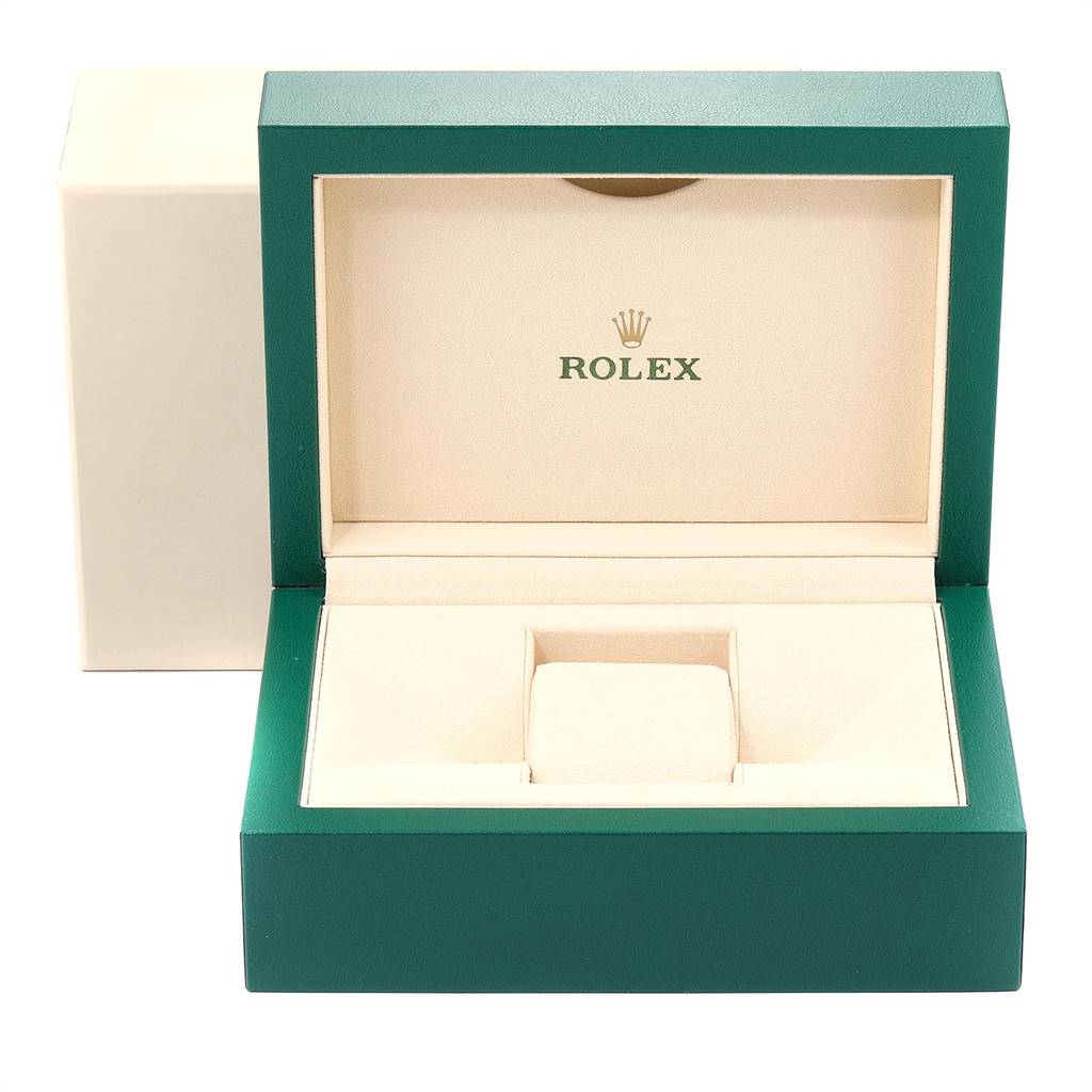 This image shows the open case for a Rolex Datejust 41 116334 Men's Stainless Steel Blue Dial 116334 Men's Stainless Steel Blue Dial watch, featuring the brand logo inside the lid.