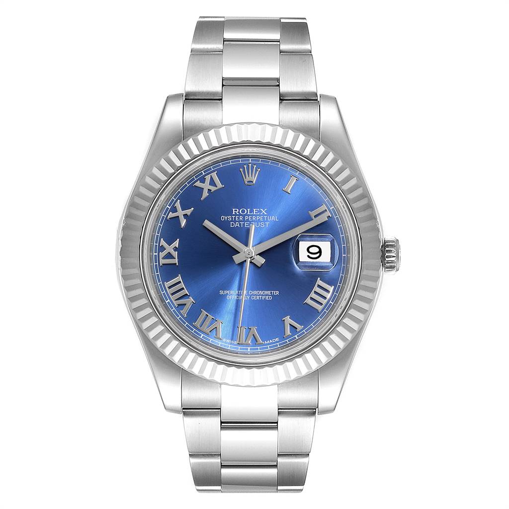 This image shows the front view of a Rolex Datejust 41 116334 Men's Stainless Steel Blue Dial 116334 Men's Stainless Steel Blue Dial watch, displaying its face, bezel, and stainless steel bracelet.