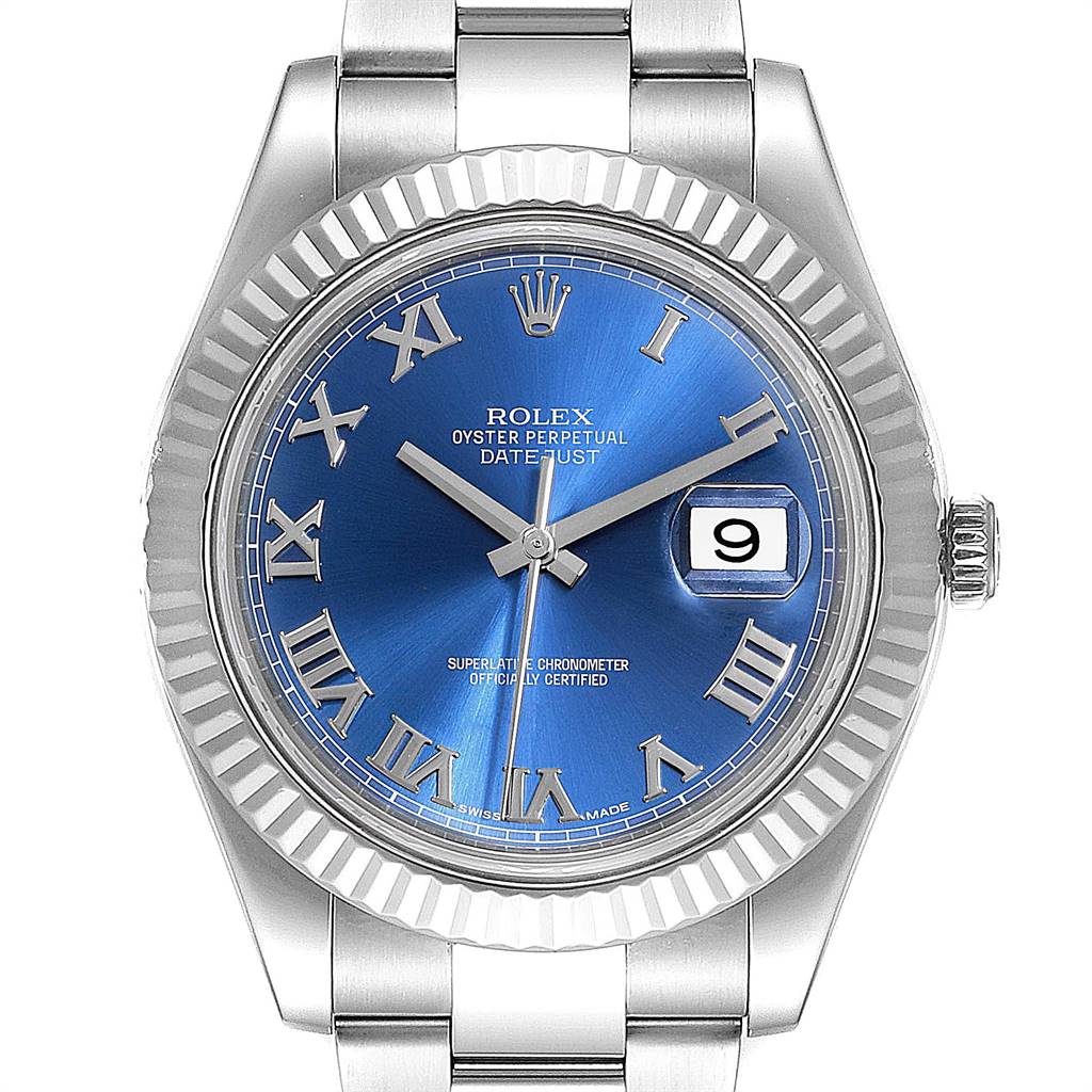 This image shows a front view of the Rolex Datejust 41 116334 Men's Stainless Steel Blue Dial 116334 Men's Stainless Steel Blue Dial watch, highlighting its blue dial with Roman numerals, date window, and stainless steel bracelet.