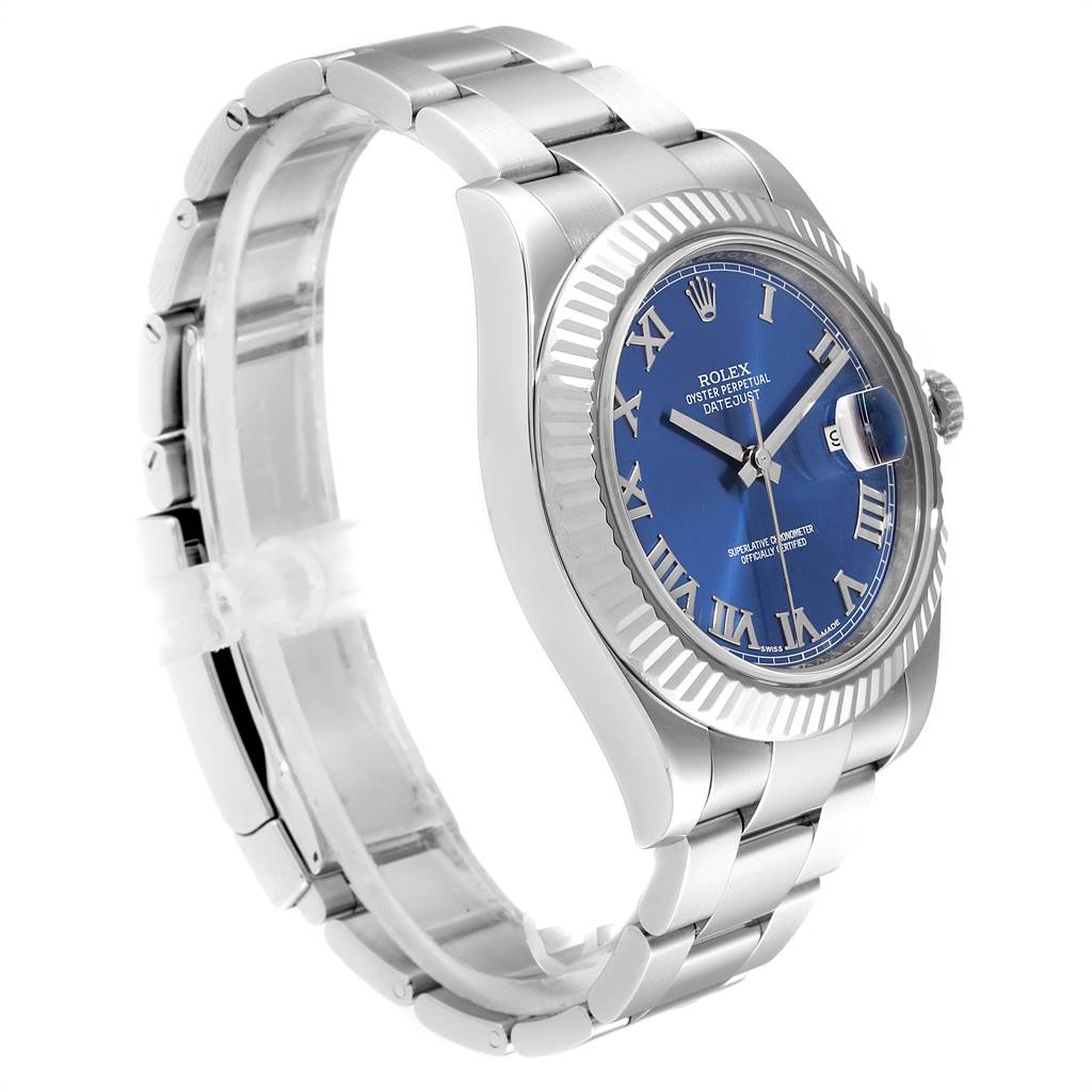 The image shows a Rolex Datejust 41 116334 Men's Stainless Steel Blue Dial 116334 Men's Stainless Steel Blue Dial watch from a side angle, highlighting its metallic strap, blue dial, and fluted bezel.