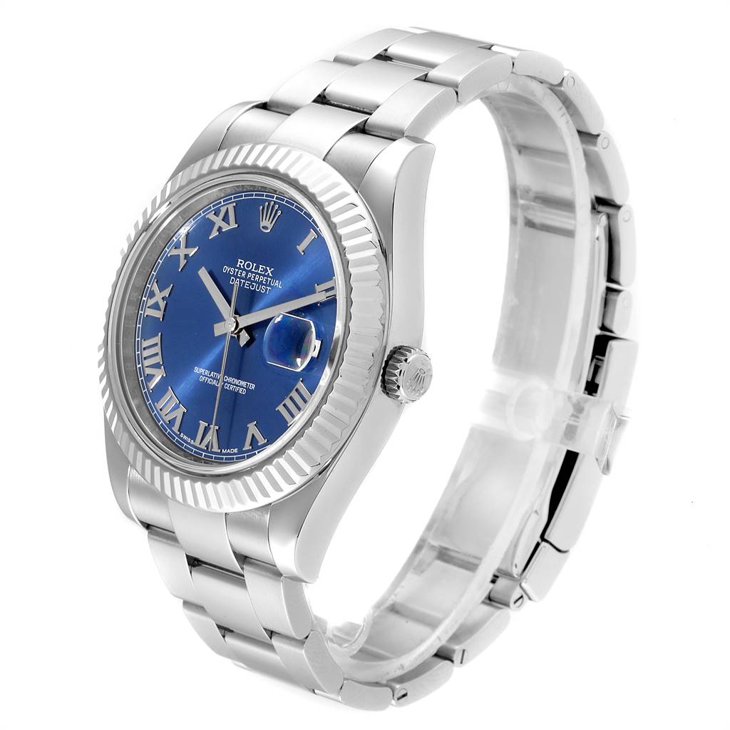 The image shows a Rolex Datejust 41 116334 Men's Stainless Steel Blue Dial 116334 Men's Stainless Steel Blue Dial watch at a three-quarter view, highlighting its blue dial, Roman numerals, and stainless steel bracelet.