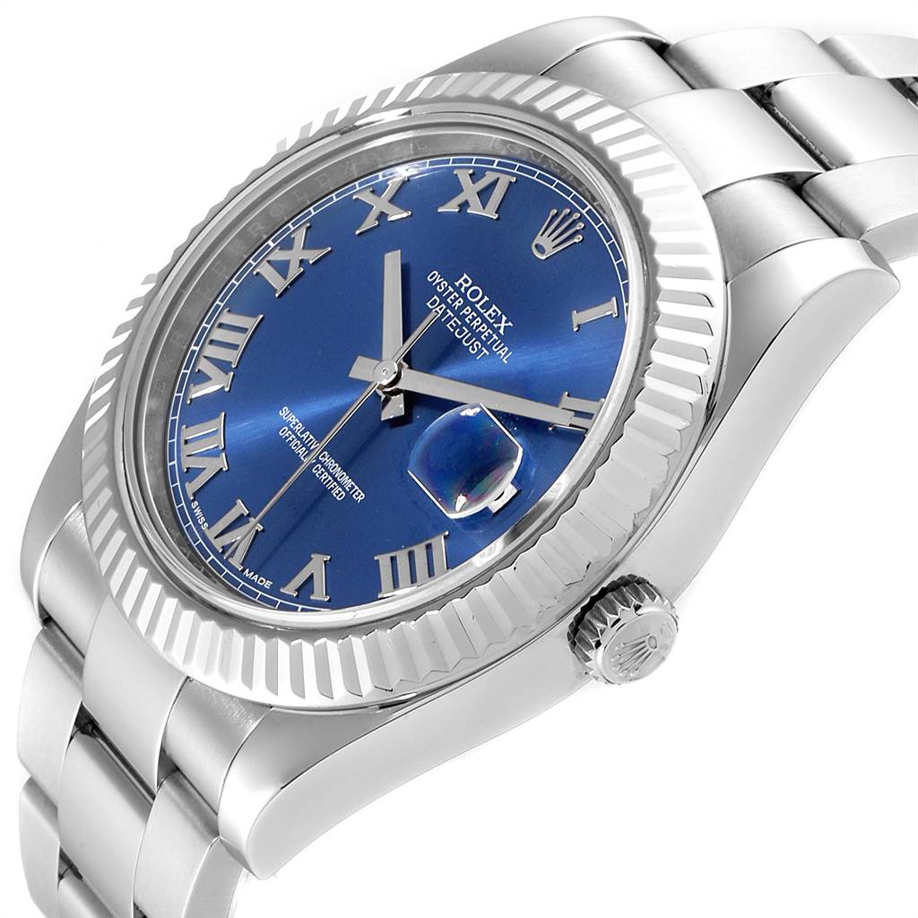 The image shows the Rolex Datejust 41 116334 Men's Stainless Steel Blue Dial 116334 Men's Stainless Steel Blue Dial from an angled side view, highlighting the dial, bezel, and part of the bracelet.