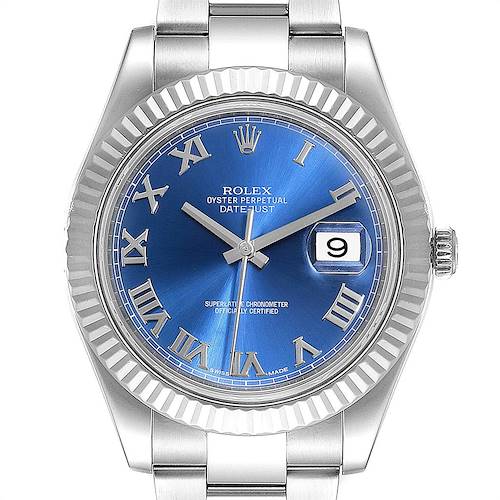 This image shows the front of the Rolex Datejust 41 116334 Men's Stainless Steel Blue Dial 116334 Men's Stainless Steel Blue Dial watch, highlighting the dial, hands, bezel, and part of the bracelet.