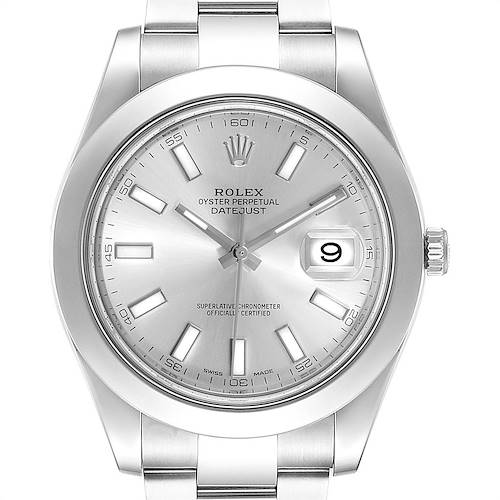 The Rolex Datejust 41 116300 Men's Stainless Steel Silver Dial 116300 Men's Stainless Steel Silver Dial watch is shown from a top-down angle, highlighting its face, bezel, and part of its bracelet.