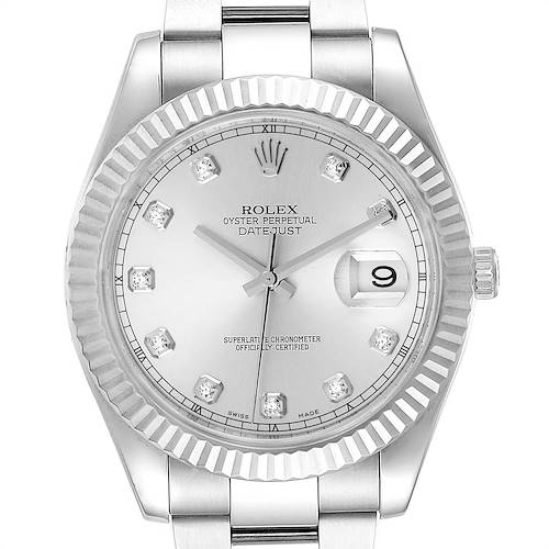 The image shows a Rolex Datejust 41 116334 Men's Stainless Steel Silver Dial 116334 Men's Stainless Steel Silver Dial watch from a front angle, highlighting the face, bezel, and part of the bracelet.
