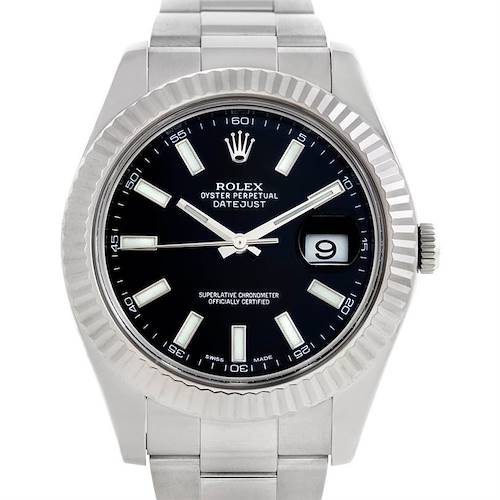 This image shows a front view of the Rolex Datejust 41 116334 Men's Stainless Steel Black Dial 116334 Men's Stainless Steel Black Dial watch, highlighting its black dial, fluted bezel, and Oyster bracelet.