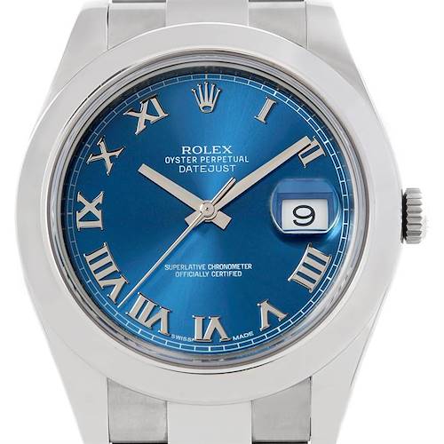 This image shows a frontal view of the Rolex Datejust 41 116300 Men's Stainless Steel Blue Dial 116300 Men's Stainless Steel Blue Dial watch, featuring a blue dial with Roman numerals and a date display.