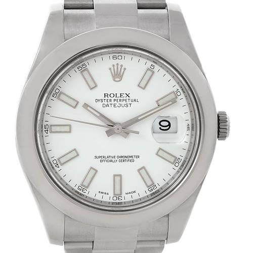 A front view of the Rolex Datejust 41 116300 Men's Stainless Steel White Dial 116300 Men's Stainless Steel White Dial watch showing the dial, bezel, bracelet, and crown.