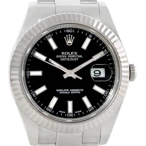This image shows a front view of the Rolex Datejust 41 116334 Men's Stainless Steel Black Dial 116334 Men's Stainless Steel Black Dial watch, highlighting its dial, fluted bezel, and part of the bracelet.