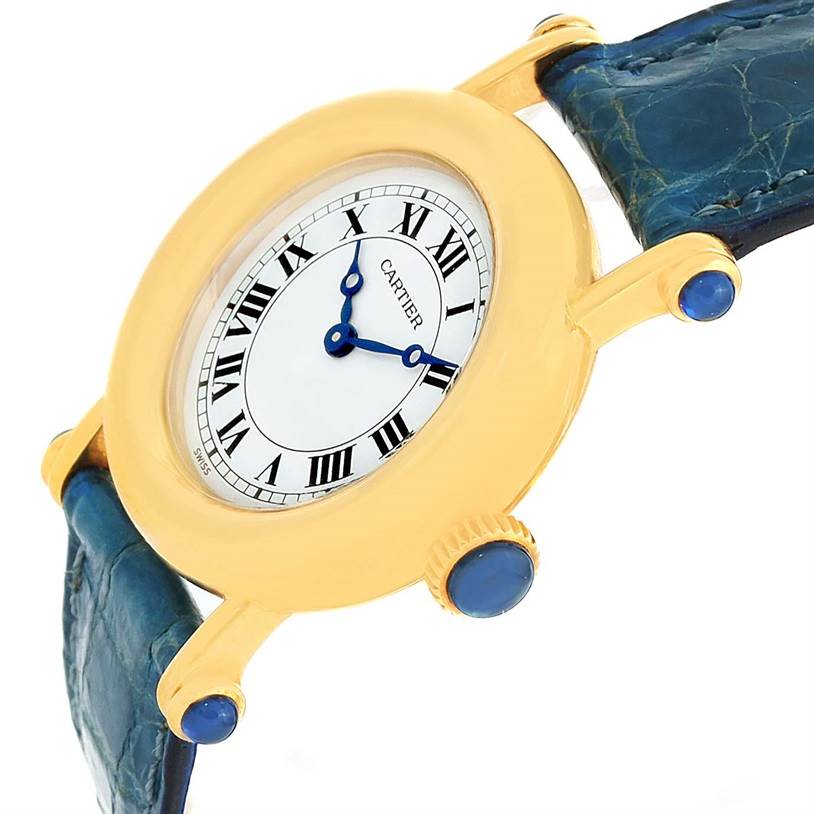 The image shows a Diabolo model by Cartier from an angled side view, highlighting the watch face, crown, and lugs with blue accents.
