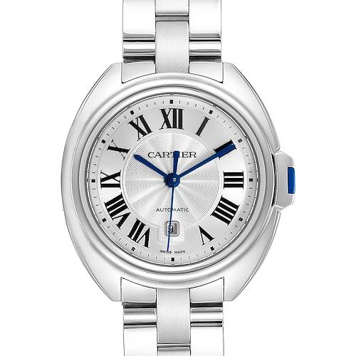 This is a front view of the Cle model by Cartier, showcasing its dial, bracelet, and blue crown.
