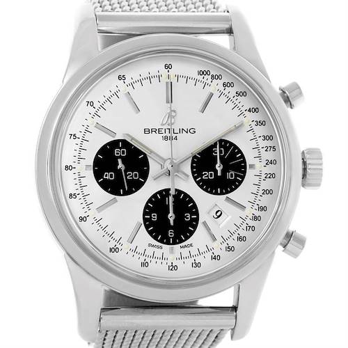This image shows a front view of the Breitling Transocean AB015212/G724-154A Men's Stainless Steel Silver Dial AB015212/G724-154A Men's Stainless Steel Silver Dial watch, showcasing its dial, chronograph sub-dials, and mesh bracelet.