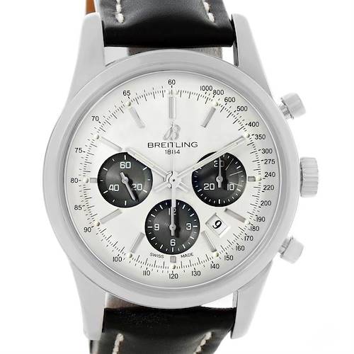 This image shows a frontal view of a Breitling Transocean AB015212/G724-1CT Men's Stainless Steel Silver Dial AB015212/G724-1CT Men's Stainless Steel Silver Dial watch, displaying its dial, chronographs, and strap.