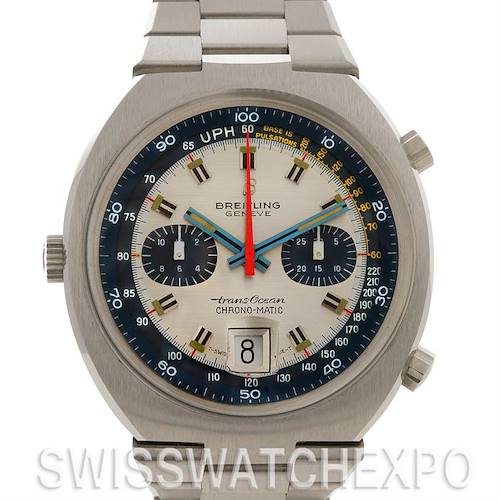 The image shows a front view of a Breitling Transocean 2129 Men's Stainless Steel Silver Dial 2129 Men's Stainless Steel Silver Dial Chrono-Matic watch, highlighting the dial, hands, subdials, and date window.