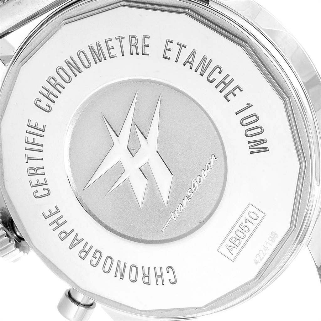 This image shows the back case of the Breitling Transocean AB0510 Men's Stainless Steel Silver Dial AB0510 Men's Stainless Steel Silver Dial watch with the branding and certification details.
