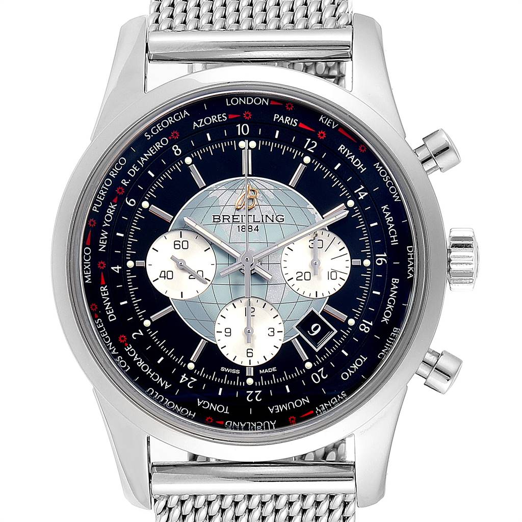 The image shows a front view of the Breitling Transocean AB0510 Men's Stainless Steel Silver Dial AB0510 Men's Stainless Steel Silver Dial watch, highlighting the dial, bezel, and parts of the mesh bracelet.