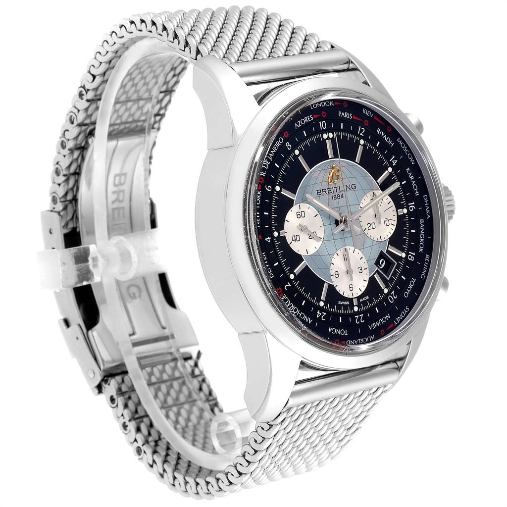 The image shows a side angle of the Breitling Transocean AB0510 Men's Stainless Steel Silver Dial AB0510 Men's Stainless Steel Silver Dial watch, highlighting its dial, bezel, and metal mesh bracelet.