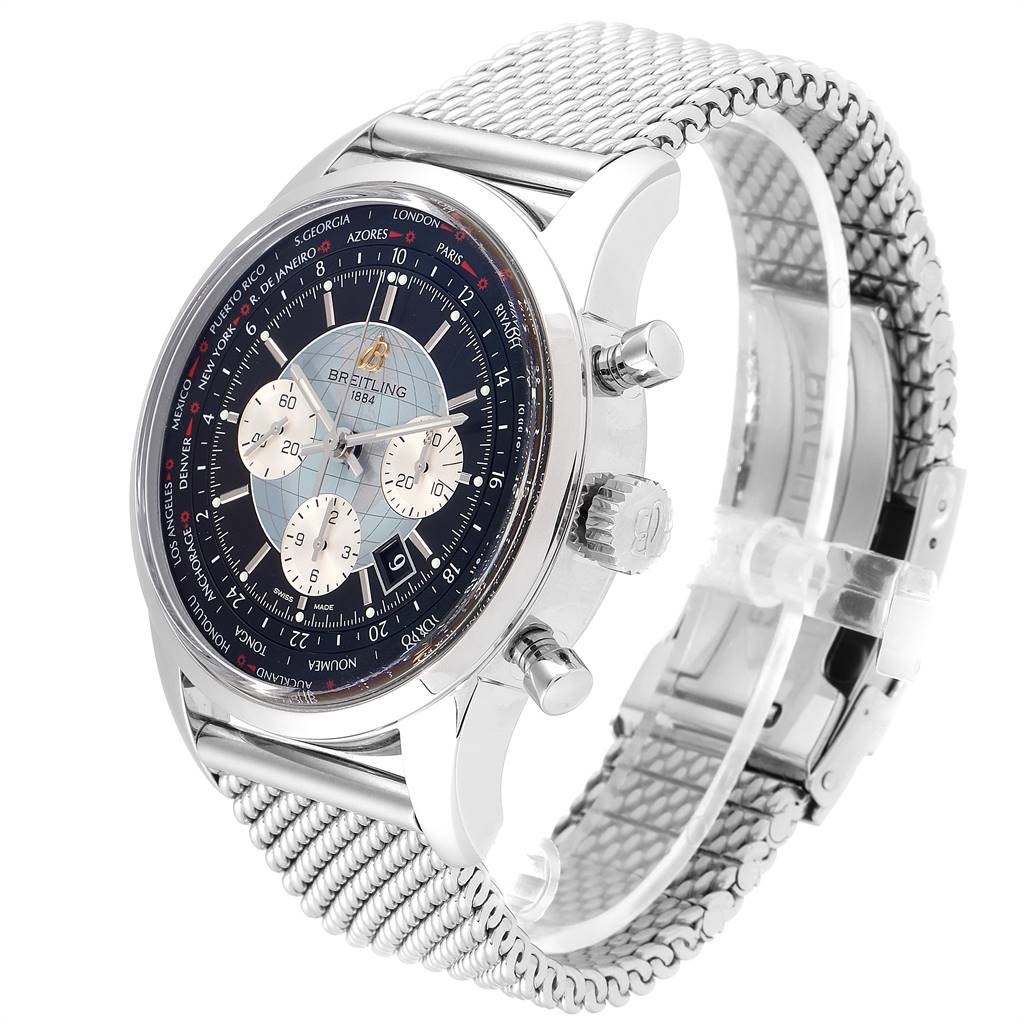 The image shows a side angle of a Breitling Transocean AB0510 Men's Stainless Steel Silver Dial AB0510 Men's Stainless Steel Silver Dial watch, highlighting its dial, crown, pushers, and mesh bracelet.