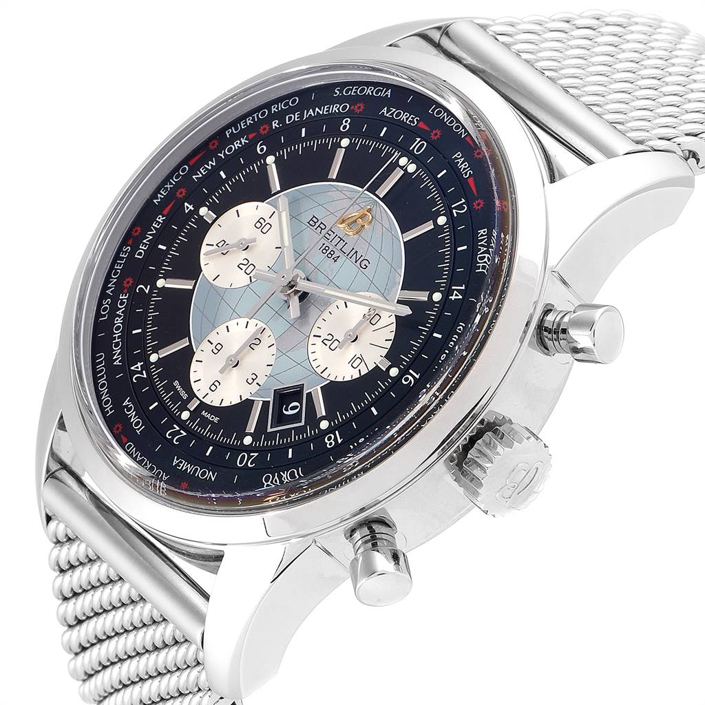 The image shows a side angle of the Breitling Transocean AB0510 Men's Stainless Steel Silver Dial AB0510 Men's Stainless Steel Silver Dial watch, highlighting the dial, crown, pushers, and mesh strap.